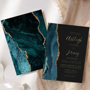 Invitation En Aluminium Mariage Moderne Sombre Agate Or Bleu Turquoise