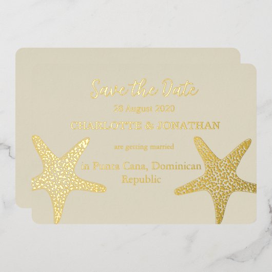 Invitation En Aluminium Mariage Moderne sur la Plage aux Étoiles de Mer Or (Recto/Verso)