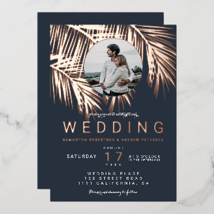 Invitation En Aluminium Mariage moderne tropical photo palmier or rose