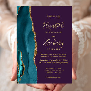 Invitation En Aluminium Mariage Moderne Turquoise Agate Violet