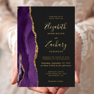 Invitation En Aluminium Mariage Moderne Violet Or Agate Foncé