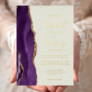Invitation En Aluminium Mariage Moderne Violet Or Agate Ivoire