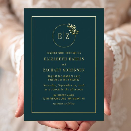 Invitation En Aluminium Mariage Monogram Wreath Emerald Green Gold