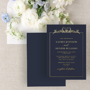 Invitation En Aluminium Mariage Monogramme à Bordure Florale Bleu Navy Or