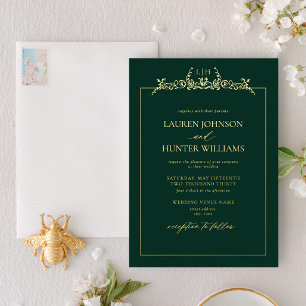 Invitation En Aluminium Mariage Monogramme à Bordure Florale Émeraude Doré