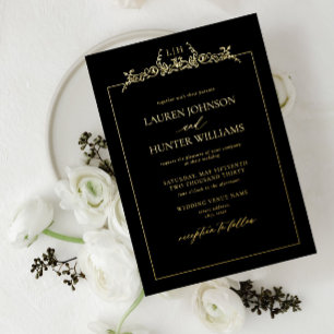 Invitation En Aluminium Mariage Monogramme à Bordure Florale Noir Or