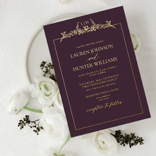 Invitation En Aluminium Mariage Monogramme à Bordure Florale Violet Prune