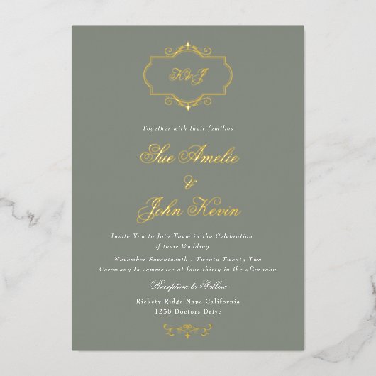 Invitation En Aluminium mariage monogramme classique vert sauge (Recto)