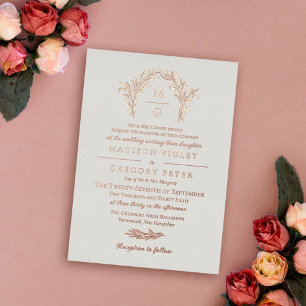 Invitation En Aluminium Mariage Monogramme Couronne Archevêché Or Rose Bla