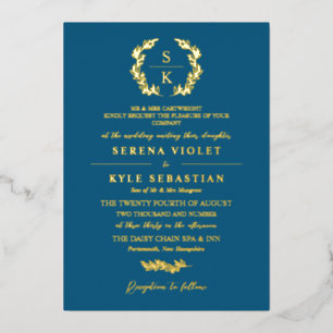 Invitation En Aluminium Mariage Monogramme Couronne Typographie Or Bleu Ma