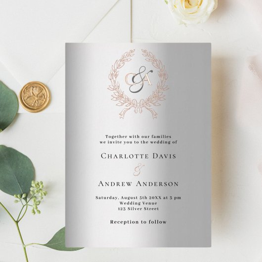 Invitation En Aluminium Mariage monogramme de couronne d'or rose argent