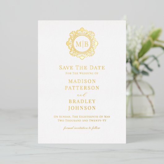 Invitation En Aluminium Mariage Monogramme Floral Ornat Enregistrer La Dat (Debout devant)