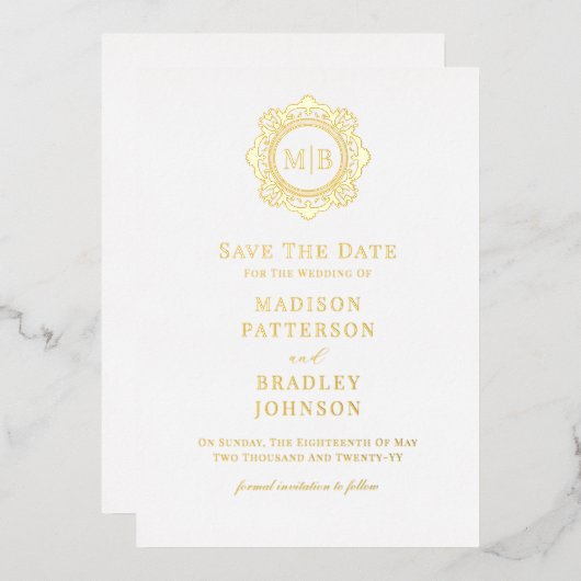 Invitation En Aluminium Mariage Monogramme Floral Ornat Enregistrer La Dat (Recto/Verso)