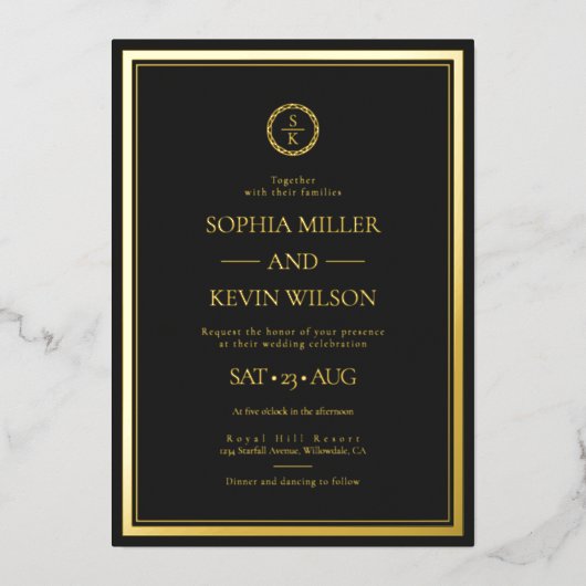 Invitation En Aluminium Mariage Monogramme moderne Black Gold Elegant (Recto)