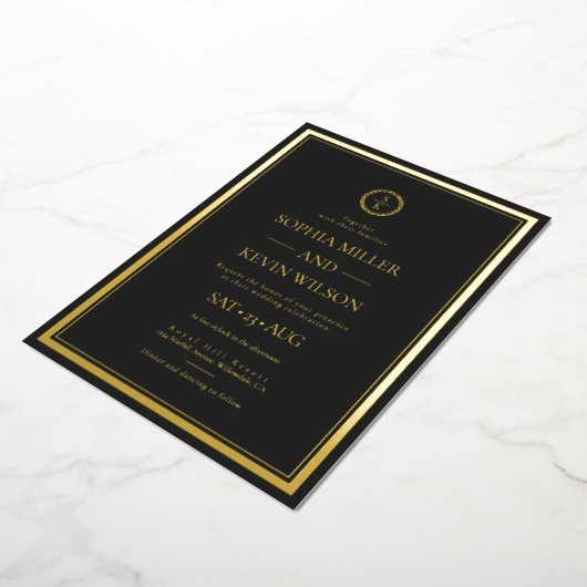 Invitation En Aluminium Mariage Monogramme moderne Black Gold Elegant (Rotation)