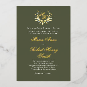 Invitation En Aluminium Mariage Monogramme Or Calligraphie Verte Élégante