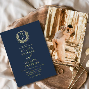 Invitation En Aluminium Mariage Monogramme Photo Navy Blue Feuille D'Or