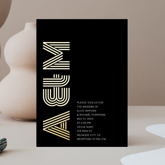 Invitation En Aluminium Mariage monogramme rétro en gras noir