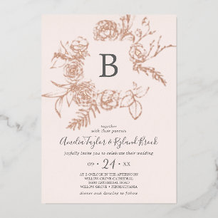 Invitation En Aluminium Mariage Monogramme Rose Doré Feuille Rose Fleurie