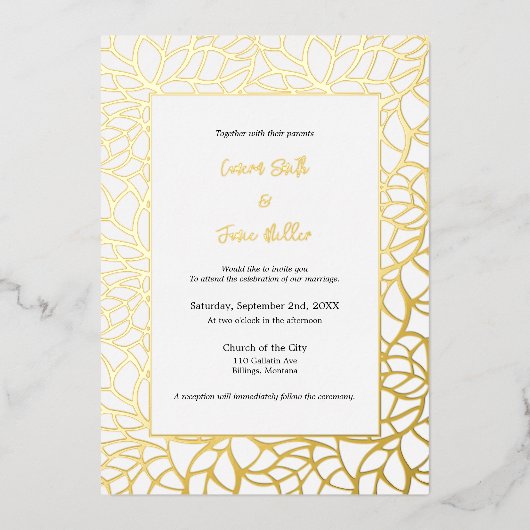 Invitation En Aluminium Mariage Motif blanc et or brillant (Recto)