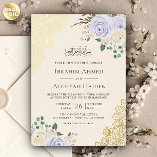 Invitation En Aluminium Mariage Musulman Crème Floral Violet Or Broderie