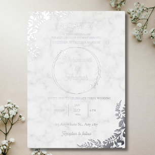 Invitation En Aluminium Mariage Musulman en Marbre Blanc Orné de Feuilles