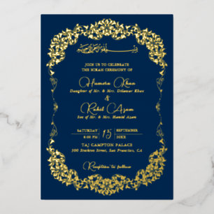 Invitation En Aluminium Mariage Musulman Floral Paisley Or Royal Bleu Doré