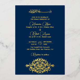 Invitation En Aluminium Mariage Musulman Floral Paisley Or Royal Bleu Doré