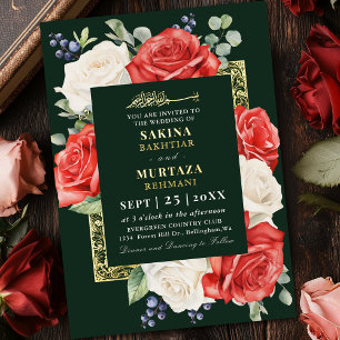 Invitation En Aluminium Mariage Musulman Floral Rouge et Blanc sur Fond Ve