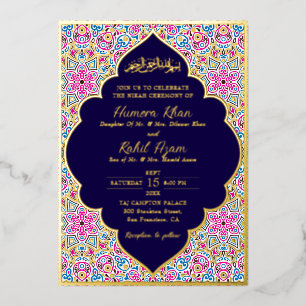 Invitation En Aluminium Mariage musulman orné d'or et de bleu de la marine