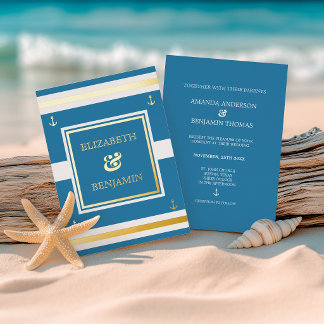 Invitation En Aluminium Mariage Nautique Or Blanc Bleu Rayures Côtières