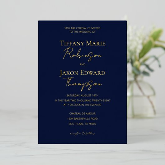 Invitation En Aluminium Mariage Navy Blue and Gold Luxe (Debout devant)