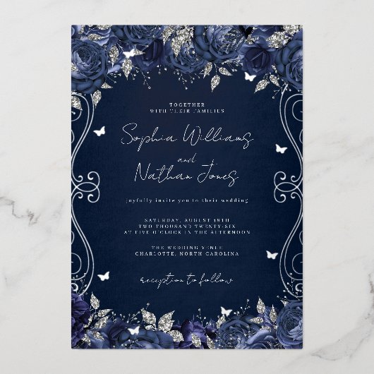 Invitation En Aluminium Mariage Navy Silver Swirl Scroll (Recto)