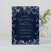Invitation En Aluminium Mariage Navy Silver Swirl Scroll (Debout devant)