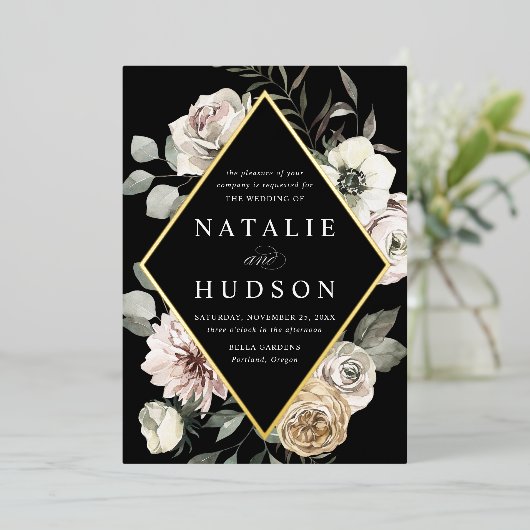 Invitation En Aluminium Mariage noir à charpente florale en hiver (Debout devant)