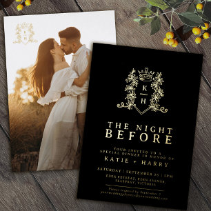 Invitation En Aluminium Mariage noir de monogramme de couronne or la veill