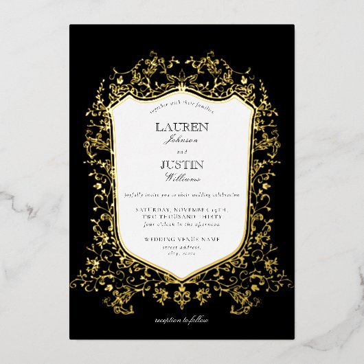 Invitation En Aluminium Mariage noir et or classique Crest (Recto)