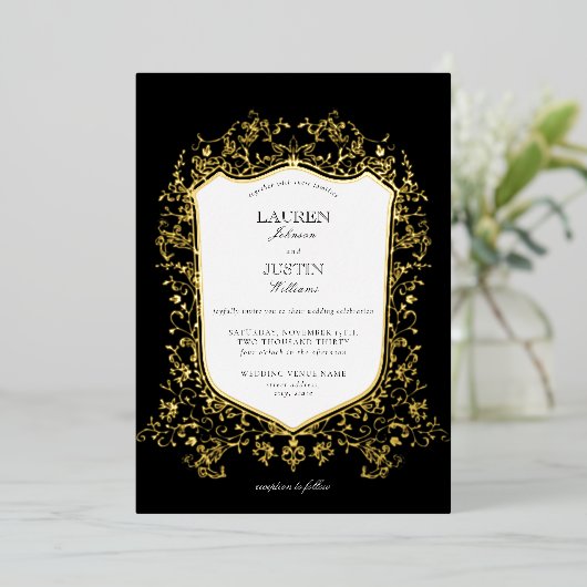 Invitation En Aluminium Mariage noir et or classique Crest (Debout devant)