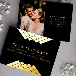 Invitation En Aluminium Mariage Noir Géométrique Or Save the Date