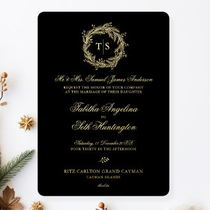 Invitation En Aluminium Mariage noir Monogram Gold
