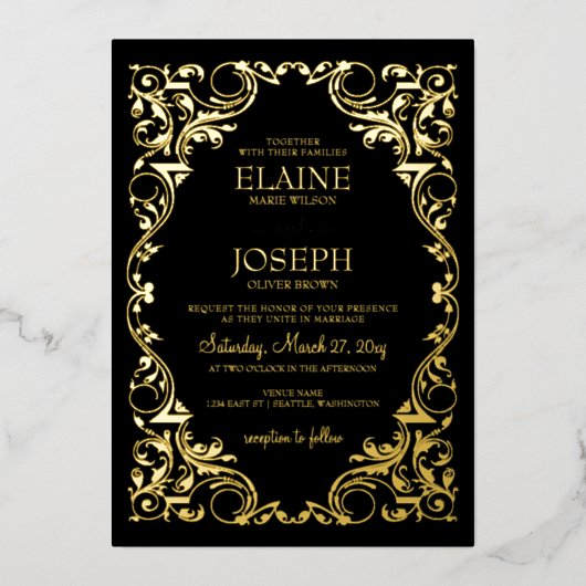 Invitation En Aluminium Mariage noir rustique élégant cadre orange (Recto)