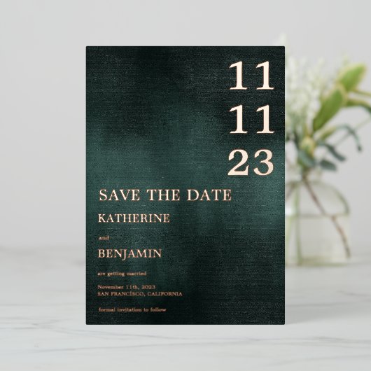 Invitation En Aluminium Mariage noir vert émeraude moderne Enregistrer la  (Debout devant)