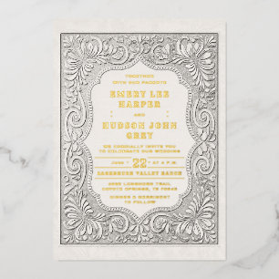 Invitation En Aluminium Mariage Occidental Cuir Outilé Pays Or Rustique