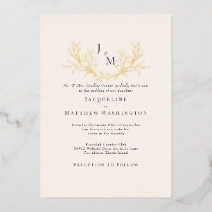 Invitation En Aluminium Mariage Or à Feuillage Crème Simplement Élégant