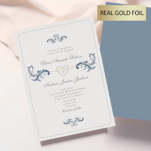 Invitation En Aluminium Mariage Or Classique et Bleu Poussiéreux
