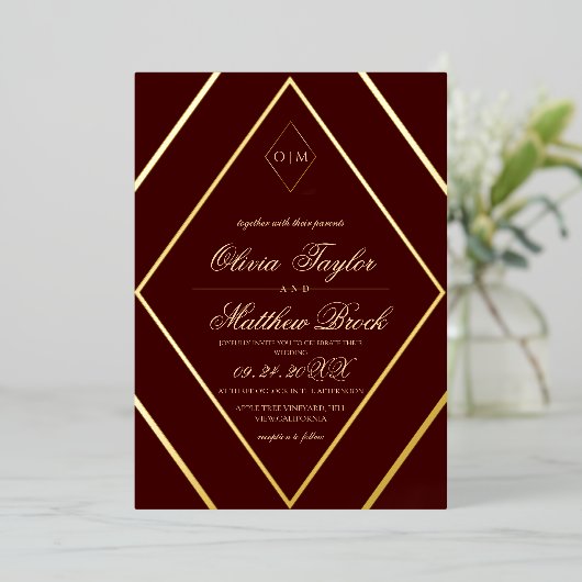 Invitation En Aluminium Mariage Or Diamond Bourgogne moderne (Debout devant)