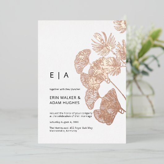 Invitation En Aluminium Mariage or Gingko Leaf Real Rose (Debout devant)