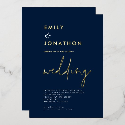 Invitation En Aluminium Mariage Or Navy Script Classe Réel (Recto/Verso)