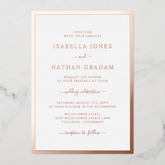 Invitation En Aluminium Mariage or Rose simple (Recto)