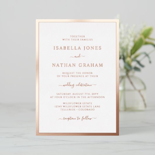 Invitation En Aluminium Mariage or Rose simple (Debout devant)